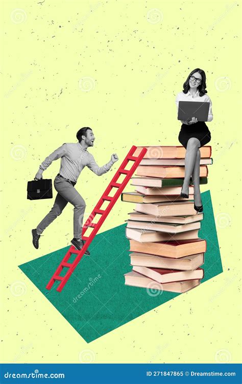 Vertical Collage Artwork Picture of Two Mini Black White Business People Climb Ladder Sit Huge ...