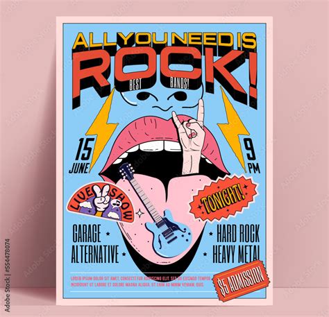 Vetor de Retro rock music party or concert poster or flyer design template with vintage rock and ...