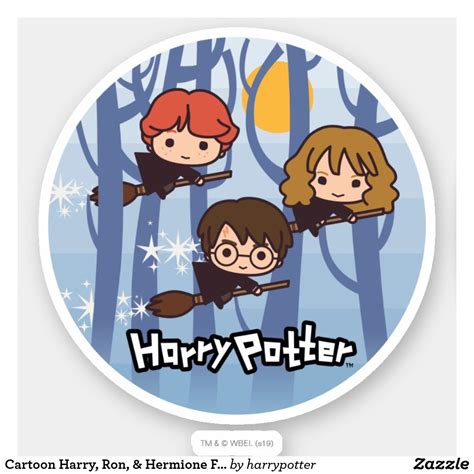 Cartoon Harry, Ron, & Hermione Flying In Woods Sticker | Zazzle | Harry potter stickers, Harry ...