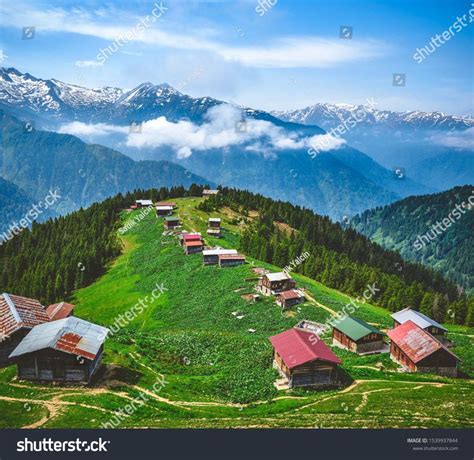 Green nature, snowy mountains and traditional wooden plateau houses ...