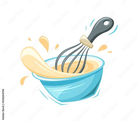 Bowl with whisk. Stylized kitchen utensil. Cartoon flat illustration of mixing or whipping dough ...