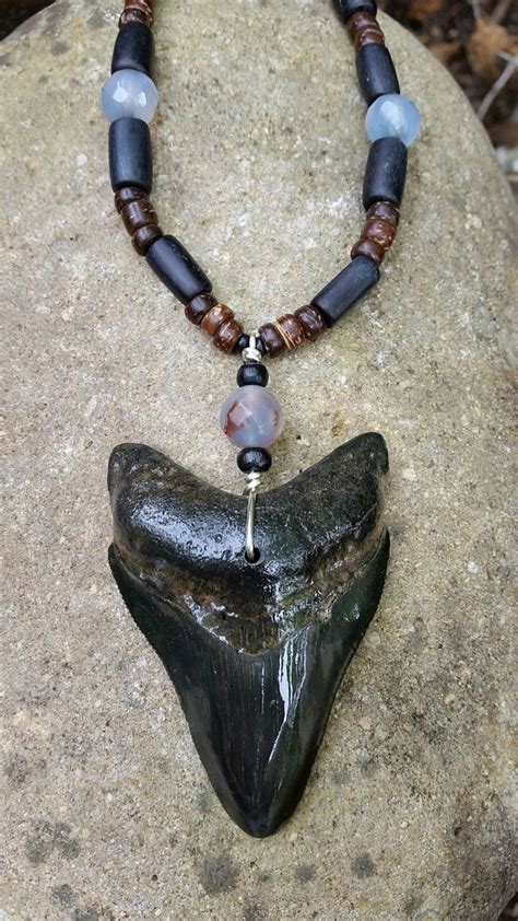 Large Megalodon Shark Tooth Necklace for Men with Agates, Bone, and ...