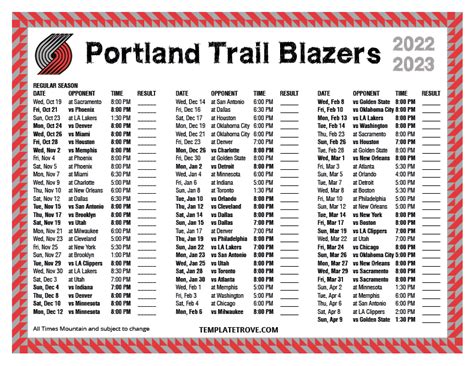 Printable 2022-2023 Portland Trail Blazers Schedule