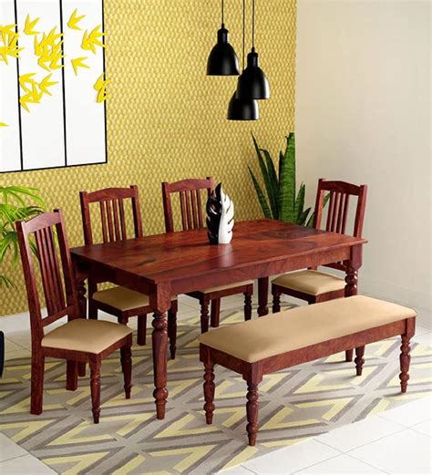 Buy Po Furniture Sheesham Wood 6 Seater Dining Table with Chairs & Bench for Living Room Home ...