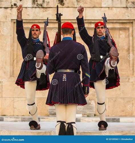 Greek Soldiers Evzones (or Evzoni) Dressed in Service Uniform, Refers To the Members of the ...