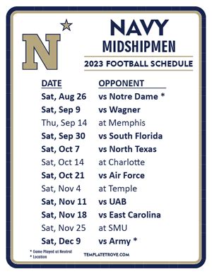 Printable 2023 Navy Midshipmen Football Schedule