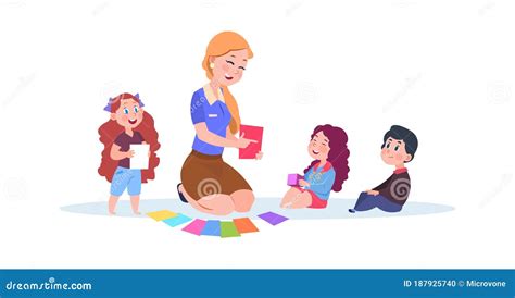 Teacher And Preschool Kids Playing Learning Alphabet. Flat Design ...