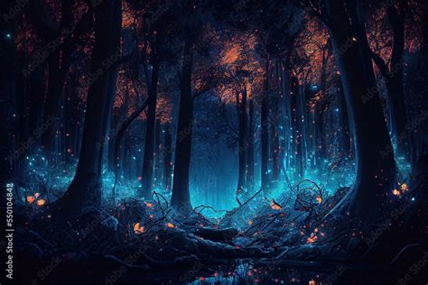 Mystical magical blue forest at night with glowing lights ilustración ...