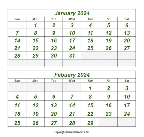 January & February 2024 Calendar | Calendar Next