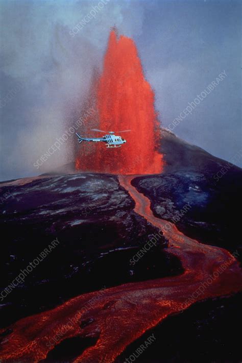 Helicopter and Lava Fountain, Hawaii - Stock Image - C027/8789 ...