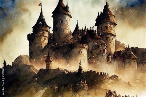 Medieval fantasy castle illustration. Watercolor painting of imaginary ...