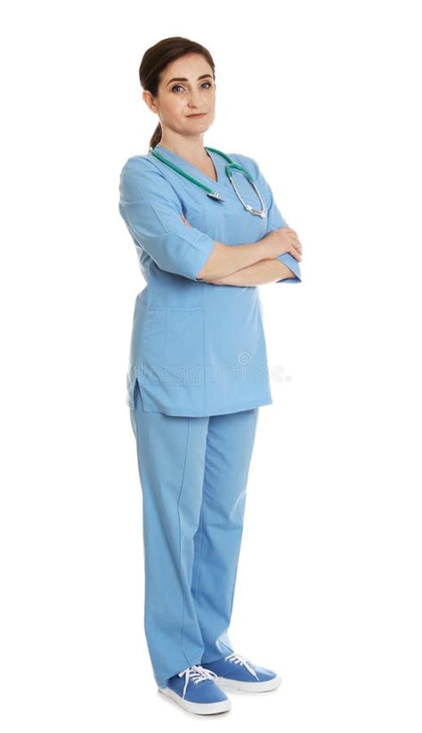 Full Length Portrait of Female Doctor in Scrubs Isolated. Medical Staff ...