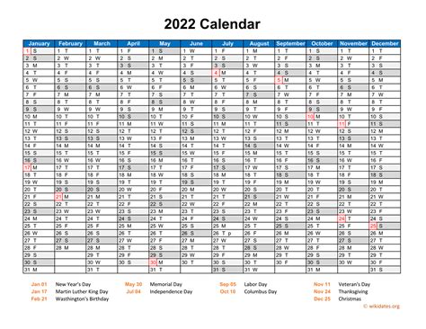 2022 Calendar Horizontal, One Page | WikiDates.org