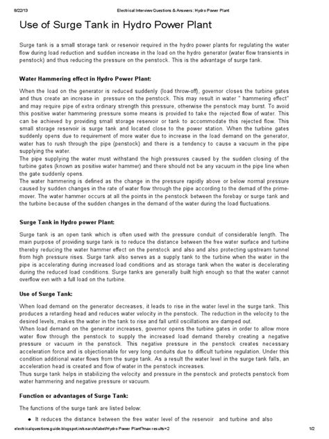 Electrical Interview Questions & Answers - Hydro Power Plant | PDF ...