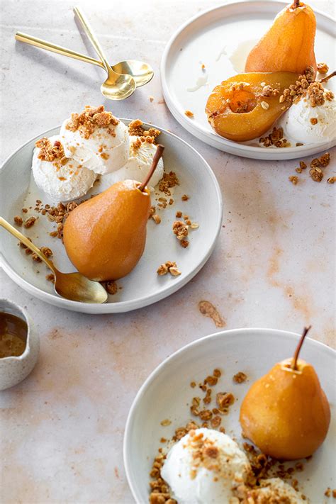 Chai-Poached Pears with Spiced Hazelnut Crumble & Caramel Recipe