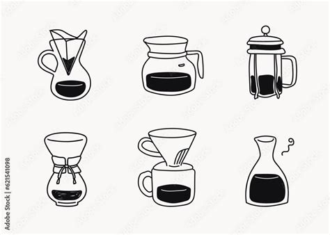 Hand drawn line doodle style cafe illustrations, black line icons, pour over coffee maker, tea ...