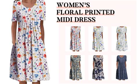 Achinel Women's Floral Print Midi Dresses Ladies Crew Neck Short Sleeve T Shirt Dress Summer ...