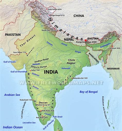 Mountain ranges of India map - Mountain ranges map of India (Southern Asia - Asia)