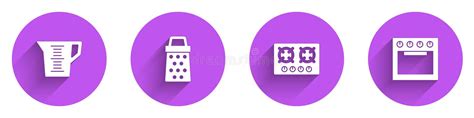 Set Measuring Cup, Grater, Gas Stove and Oven Icon with Long Shadow. Vector Stock Vector ...