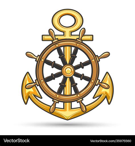 Ship anchor and steering wheel nautical emblem Vector Image