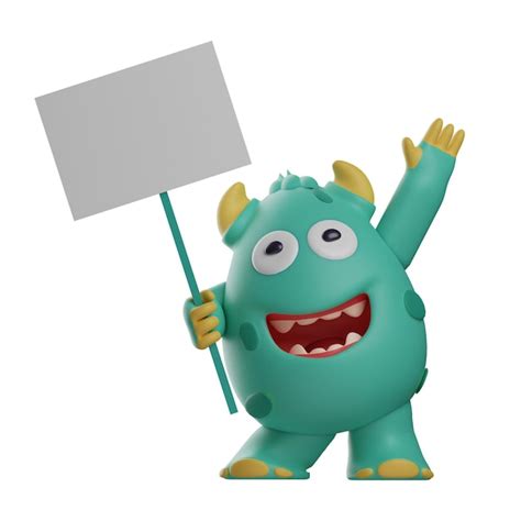 Premium Photo | 3D illustration 3D Cute Monster character holding white sign hand pointing up ...