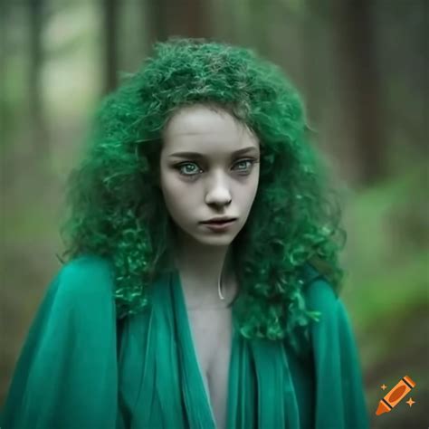 Artwork of a green-skinned forest spirit woman