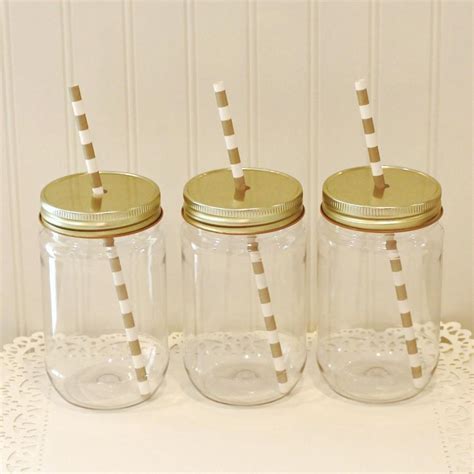 Plastic Mason Jars, 10 Plastic Mason Jars & Metal Lid With Straw Hole ...