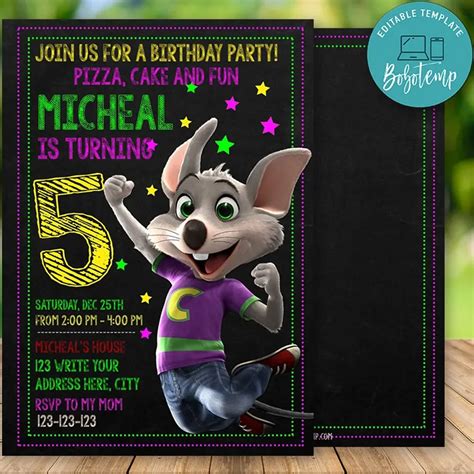 Editable Chuck E Cheese Invitation Instant Download | Createpartylabels