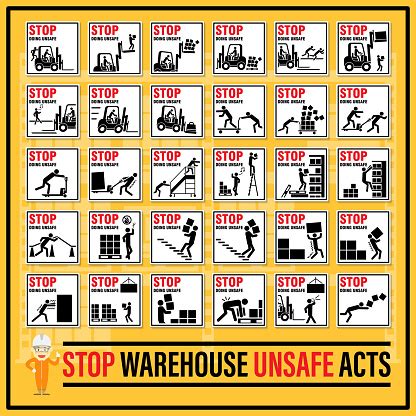 Set Of Safety Signs And Symbols Of Warehouse Unsafe Acts Stop Doing Unsafe Act Fault Of The ...