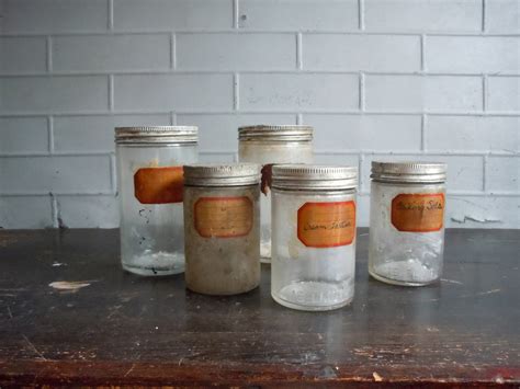 Vintage Glass Jars With Old Labels and Metal Screw Cap Lids / Set of 5 / AS FOUND Not Cleaned ...