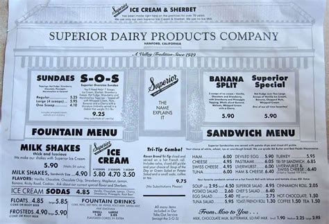 Menu at Superior Dairy Product Co Inc restaurant, Hanford