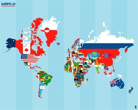 the world map with all countries painted on it's flag colors and flags are shown