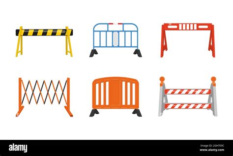 Different road barriers set. Metal and plastic traffic barricades isolated on white background ...