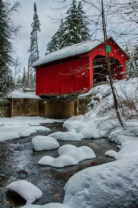 Covered Bridge over a Snowy Stream | Covered bridges, Winter landscape, Winter scenery