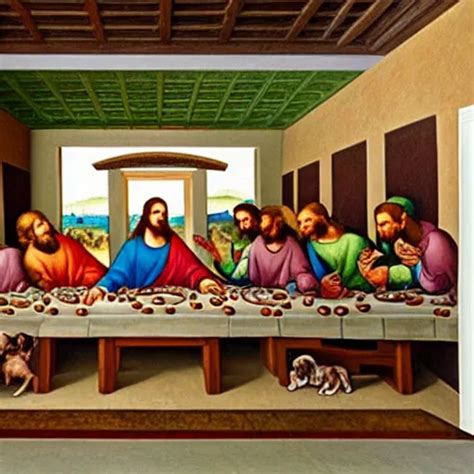 painting of the last supper with dogs, mural by | Stable Diffusion ...