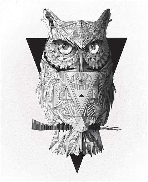 Two geometric , low-poly, black and white owls on Behance