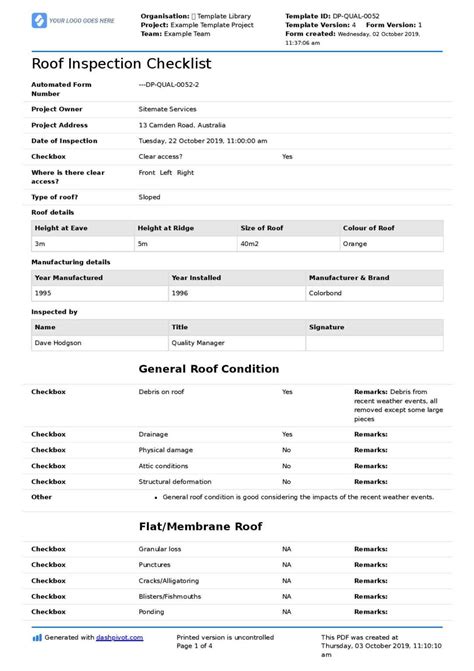 Commercial Roof Inspection Checklist And Report Template Regarding Roof Inspection Report ...