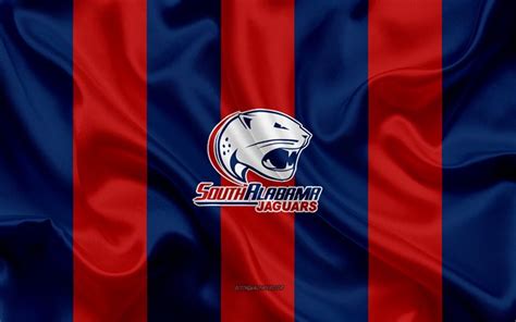 Download wallpapers South Alabama Jaguars, American football team, emblem, silk flag, red-blue ...