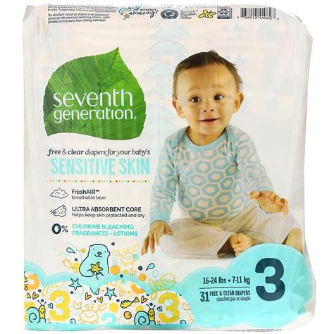 Seventh Generation, Free & Clear Diapers, Size 3, 16-24 lbs, 31 Diapers