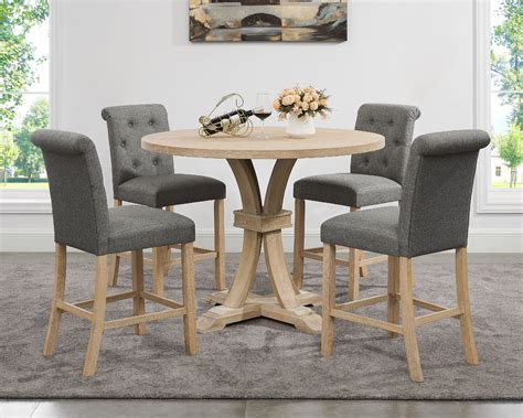 Siena White-washed Finished 5-Piece Counter Height Dining set, Pedestal Round Table with Gray ...