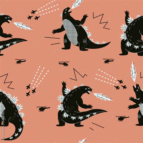 Seamless pattern of a Godzillas and background elements. Godzilla ...