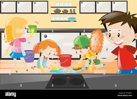 Boys and girls cleaning the kitchen illustration Stock Vector Image ...