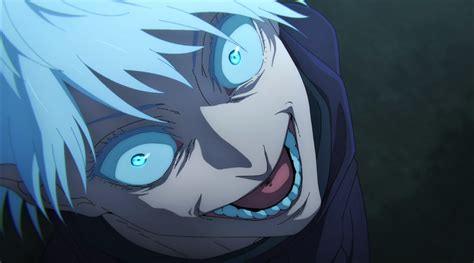 Wallpaper : Satoru Gojo, Jujutsu Kaisen, white hair, smiling, scary face, blue eyes, Anime ...