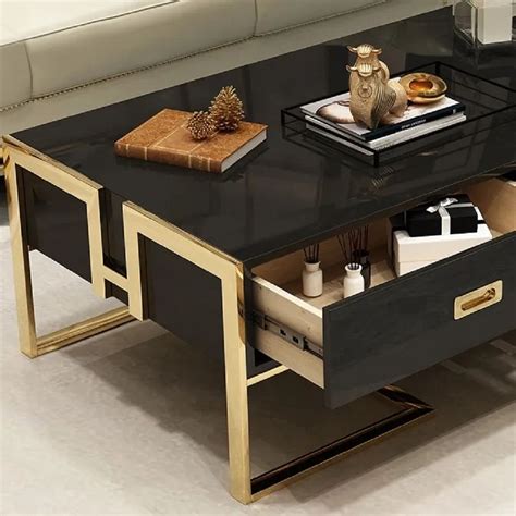 Jocise Contemporary Black Rectangular Coffee Table with Drawers Lacquer Gold Base