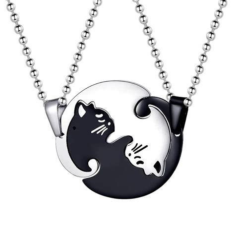 Almei Titanium Stainless Steel Halloween Necklace Couple Puzzle Matching Black White Cat Pendant ...