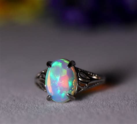 Natural fire opal ring, rainbow fire opal, opal rings, opal cabochon ...