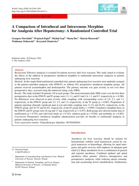 A Comparison of Intrathecal and Intravenous Morphine For Analgesia After Hepatectomy | PDF ...