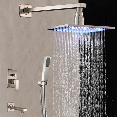 LED Nickel Brushed Wall Mounted Rain Shower Head Tub Spout Hand Sprayre ...