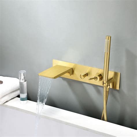 Modern Waterfall Tub Filler Wall Mounted Bathtub Tap with Handshower in Brushed Gold - Bathroom ...