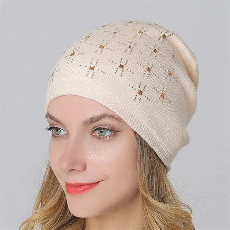 Winter Knitted Hats for Women with Rhinestone Wool Knit Skullies ...